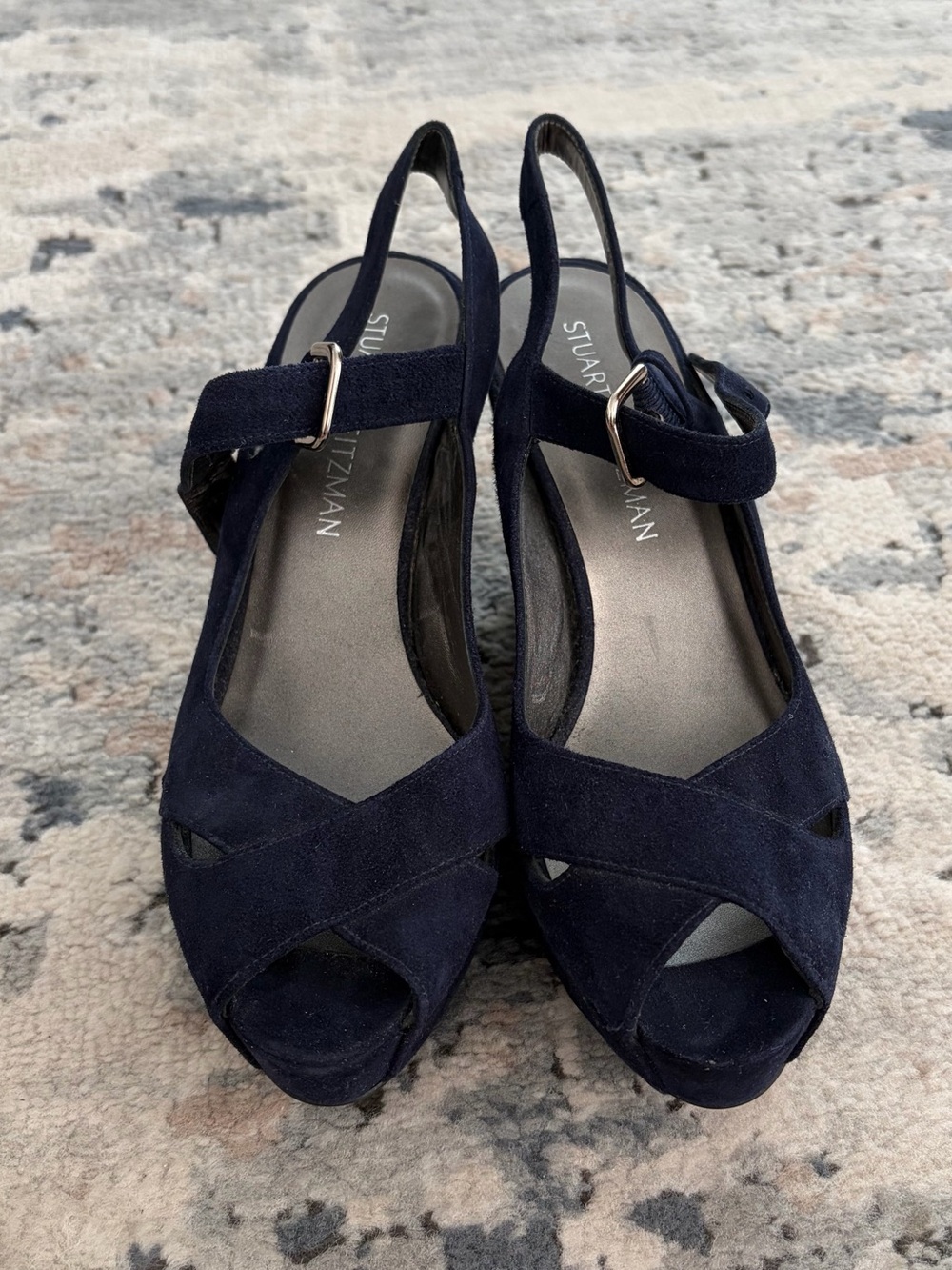 Stuart Weitzman Navy Suede Slingback Wedges
